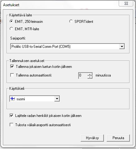Asetukset Portti on COM 5 Tähän