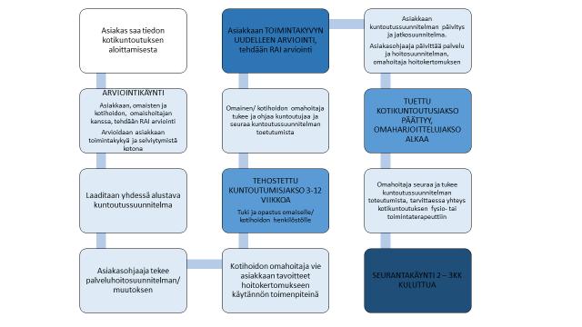 22 Kotikuntoutukseen saatiin 6 fysioterapeuttia, 3 toimintaterapeuttia ja 4 lähihoitajaa ja apulaisosastonhoitaja. He toimivat alueellisten kotihoidon alueita mukaillen.