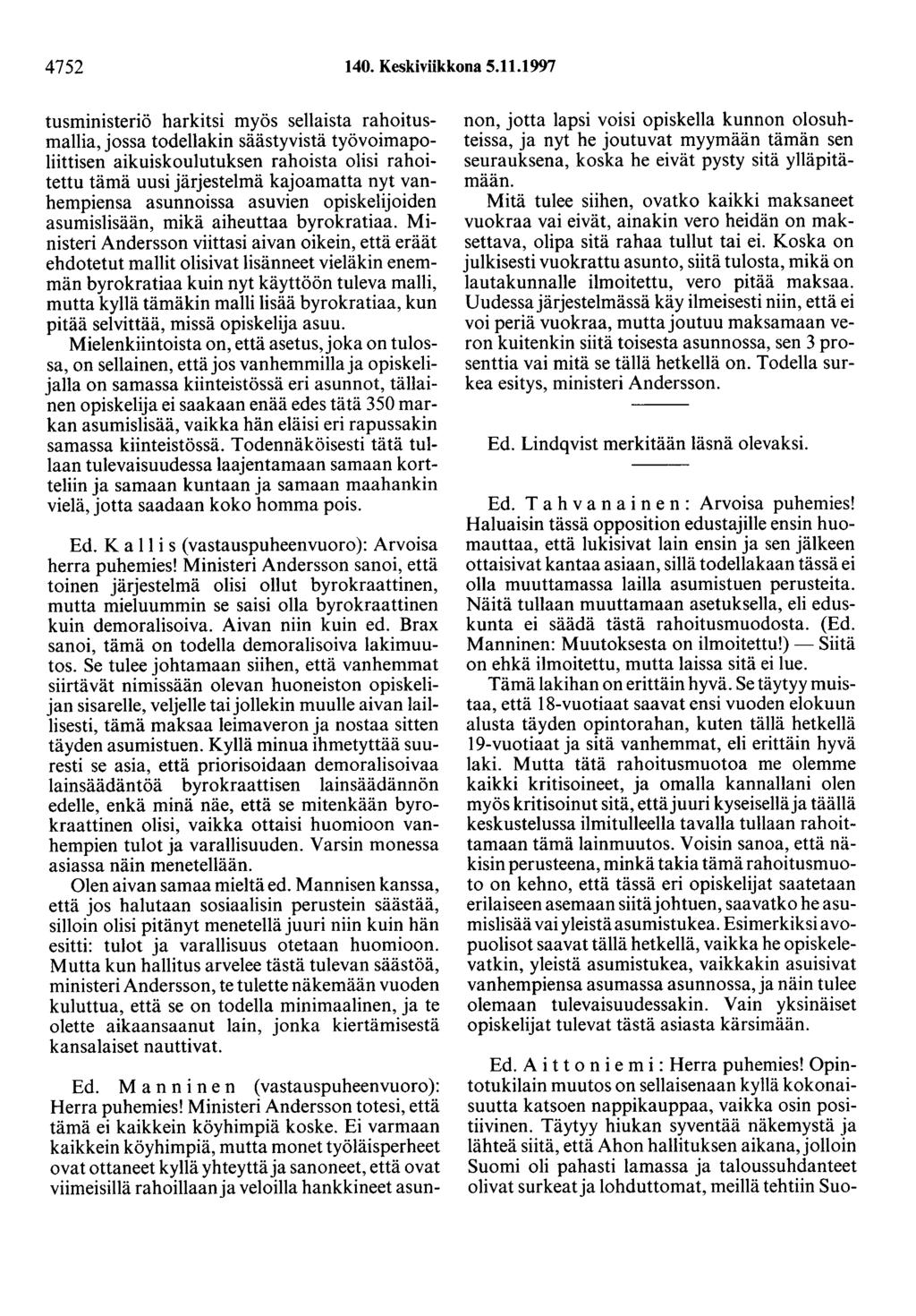 4752 140. Keskiviikkona 5.11.