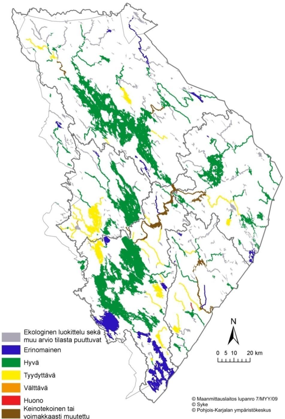 Pintavesien tilan luokittelu Pohjois-Karjalassa (2009) Luokitellusta järvialasta (105 kpl)*: 14 % erinomaista (VHA1 44%) 78 % hyvää (VHA1 46%) 8 % hyvää heikommassa kunnossa (VHA1 10 %)
