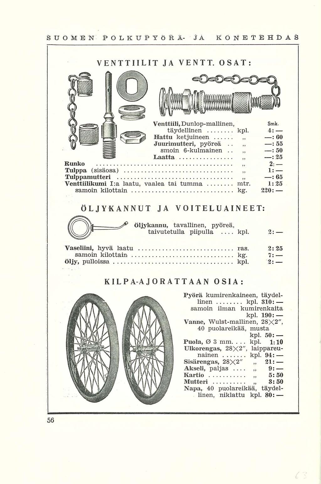 kpl.. SUOMEN POLKUPYÖRÄ- JA KONETEHDAS VENTTIILIT JA VENTT. OSAT: Venttiili,Dunlop-mallinen, Smk. täydellinen kpl. 4: Hattu ketjuineen ~ : 60 Juurimutteri, pyöreä.. : 55 : 50 smoin 6-kulmainen.