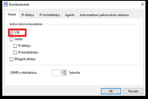 2 Määritys 2.1 Valitse valvottavat laitteet Valitse verkkoon yhdistetty tai USB-kaapelilla kytketyt laitteet, joita haluat Brother Meter Read Toolin valvovan. 1.