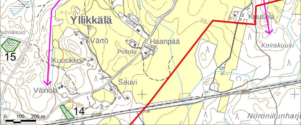 11 Kuva 6. Oikkolan alueen luontokohteet (6-15), liito-oravahavainnot ja liito-oravien mahdolliset kulkuyhteydet (violetilla) ja kangasvuokkojen kasvupaikat (vaalean vihreällä). 5.