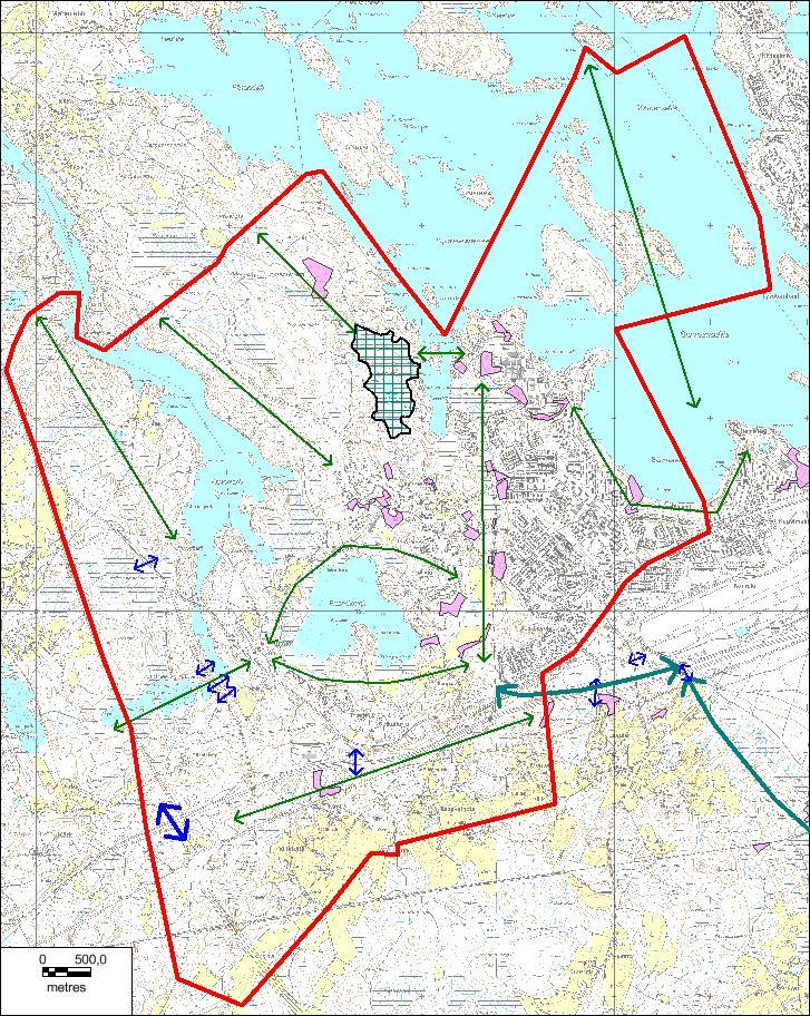 42 B. Sammonlahden kiertävä viheryhteys ja liito-oravien liikkumisyhteys Skinnarilasta Huhtiniemeen.