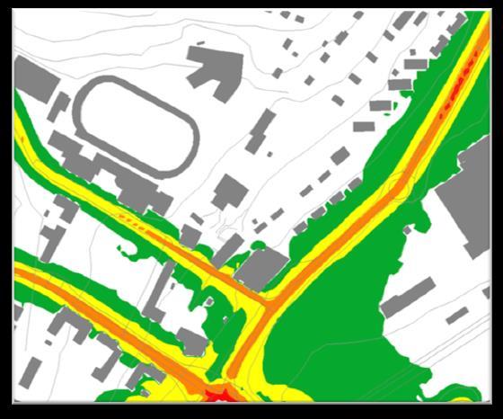 Päiväajan 50 55 db:n melualue yltää noin 15 m ja yöajan 45 50 db:n melualue noin 22 m Urheilutien keskilinjasta suunnitellun asuinrakennuksen piha-alueelle.