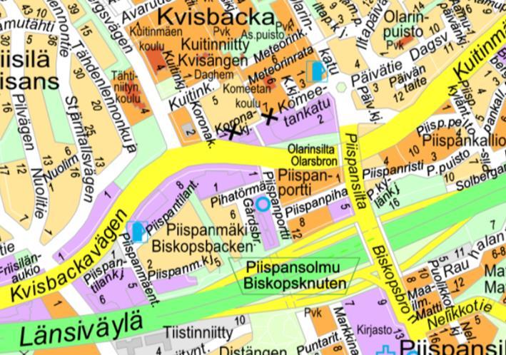 Kaupunkisuunnittelulautakunta 28.03.2017 Sivu 3 / 3 Suunnittelualueen likimääräinen sijainti Espoon opaskarttapohjalla: Koronakulma - Koronahörnet asemakaavan muutos 22.