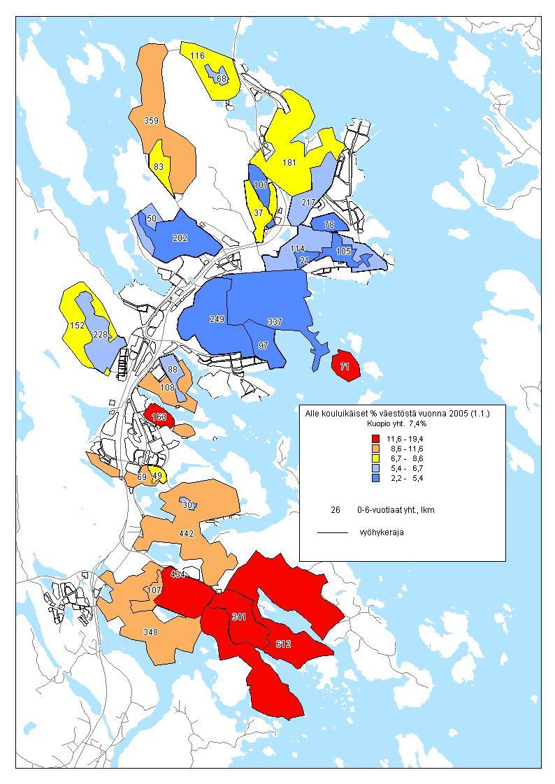 2. Väestö 4 Kuopiossa asui vuoden 2005 alussa 90518 asukasta. Väestömäärä on kasvanut vuodesta 1999 hieman yli 4300 asukkaalla, mistä Vehmersalmen kuntaliitoksen osuus on pari tuhatta asukasta 2.