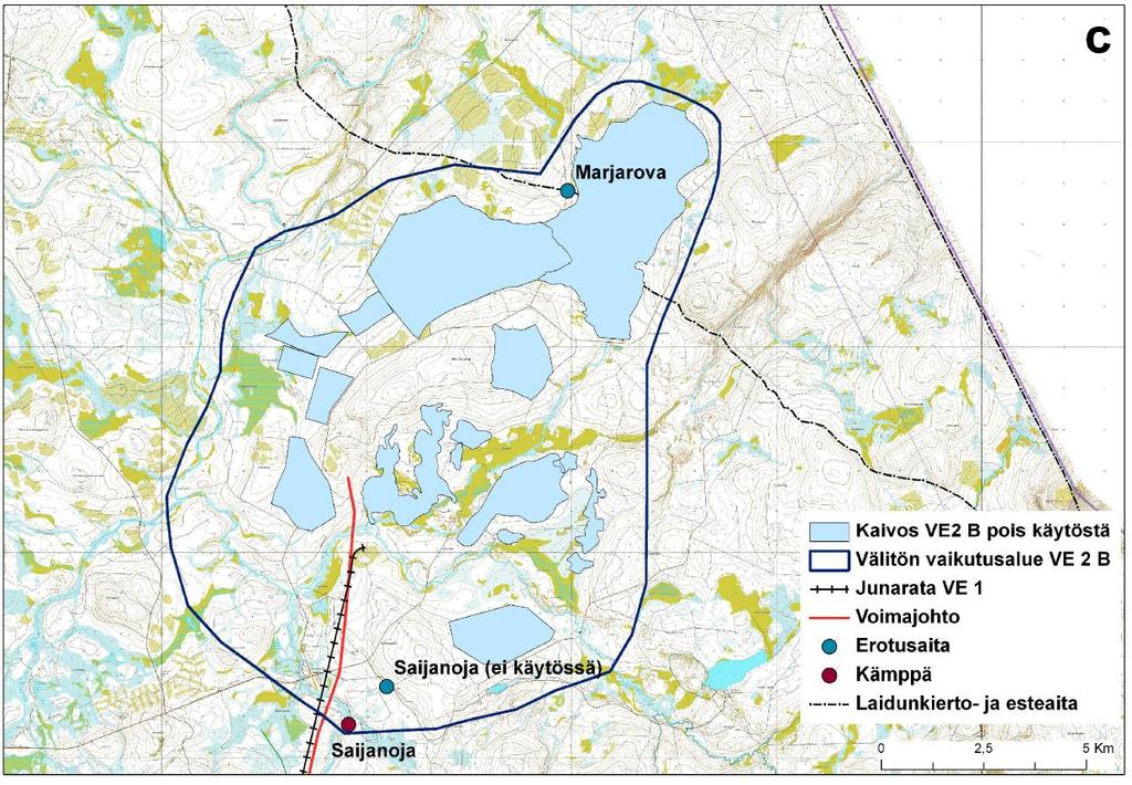 259 Kuva 9.14. (c). Kaivoksen alle menetettävät laidunalueet ja niiden välittömät vaikutusalueet hankevaihtoehdon 1 eri aluejärjestelyvaihtoehdoissa.
