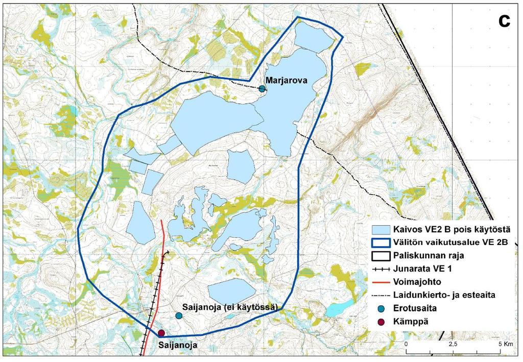 273 Kuva 10.1 (c). Kaivoksen alle menetettävät laidunalueet ja niiden välittömät vaikutusalueet hankevaihtoehdon 2 eri aluejärjestelyvaihtoehdoissa.