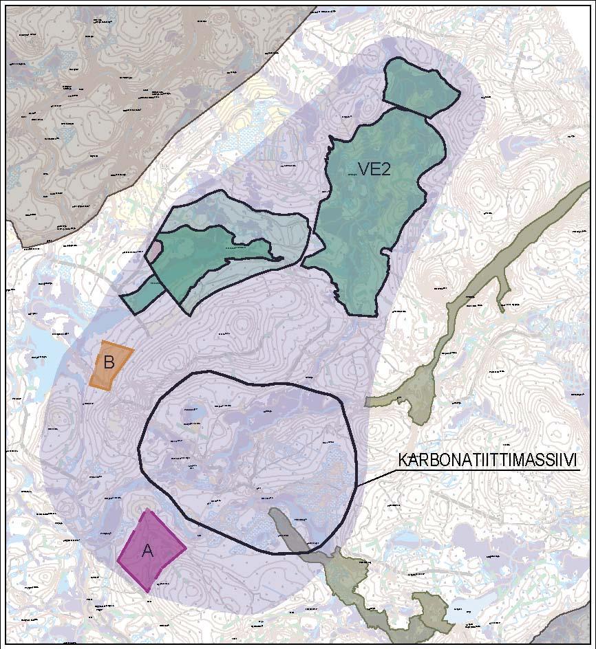 302 Kuva 14.2. Kaivostoimintojen sijoittuminen ja vaikutusten alueellinen painottuminen VE1:ssä ja VE2:ssa, kun kyseessä on rikastushiekan läjitysaluevaihtoehto 2 sekä rikastamon sijoitusvaihtoehdot A ja B.