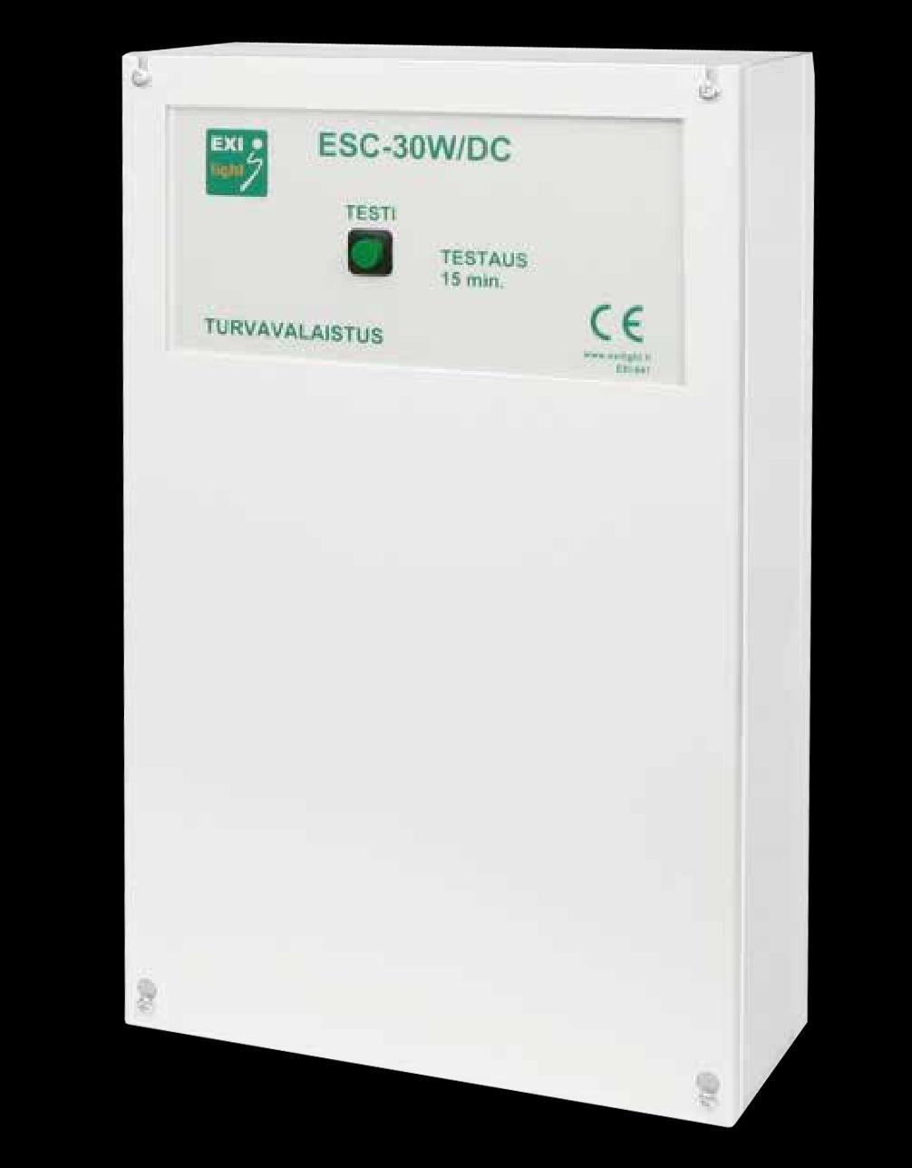 tekniset tiedot ESC-30 W/DC turvavalokeskukset ESC-30 W/DC ESC-30W/DC on akkuyksikkövalaisimien ohjaus ja testauskeskus. Järjestelmän kaikki valaisimet ovat akullisia Led-valaisimia.