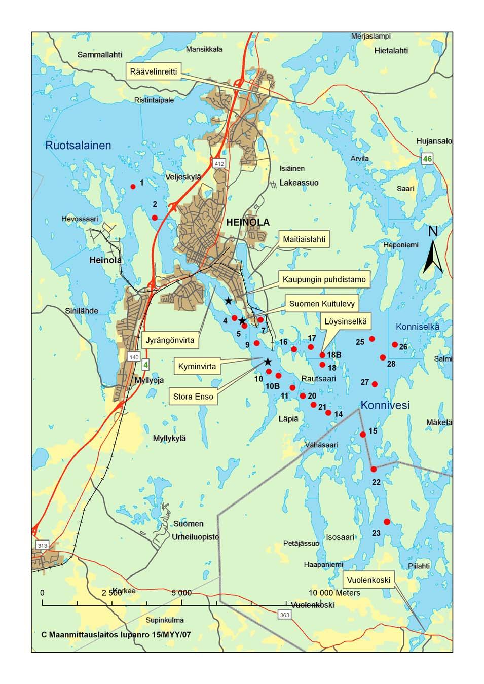 Kuva. Heinolan alapuolisen vesialueen pohjaeläintutkimuksen näyteasemat (punaiset pisteet) ja