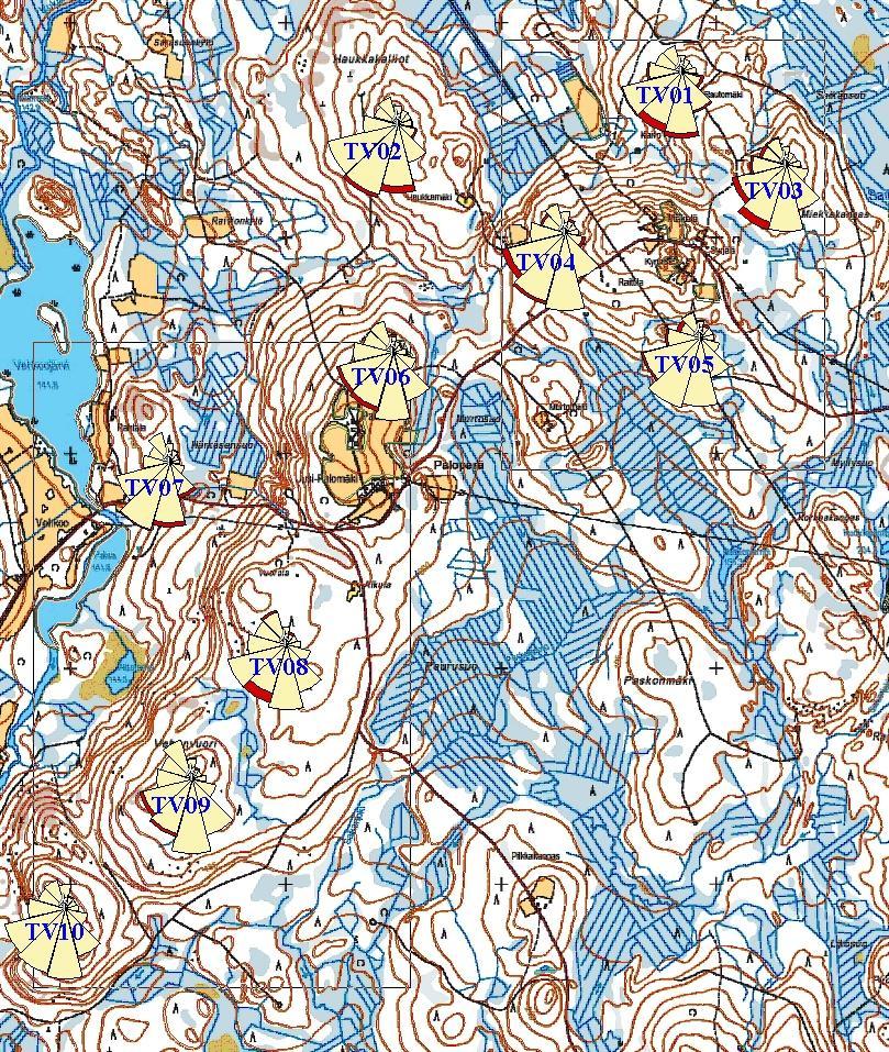 Multian alueelle sijoitettu 10 x WWD3-100-100 voimalaa Voimalat sijoitettu siten, että puistohävikki on alle