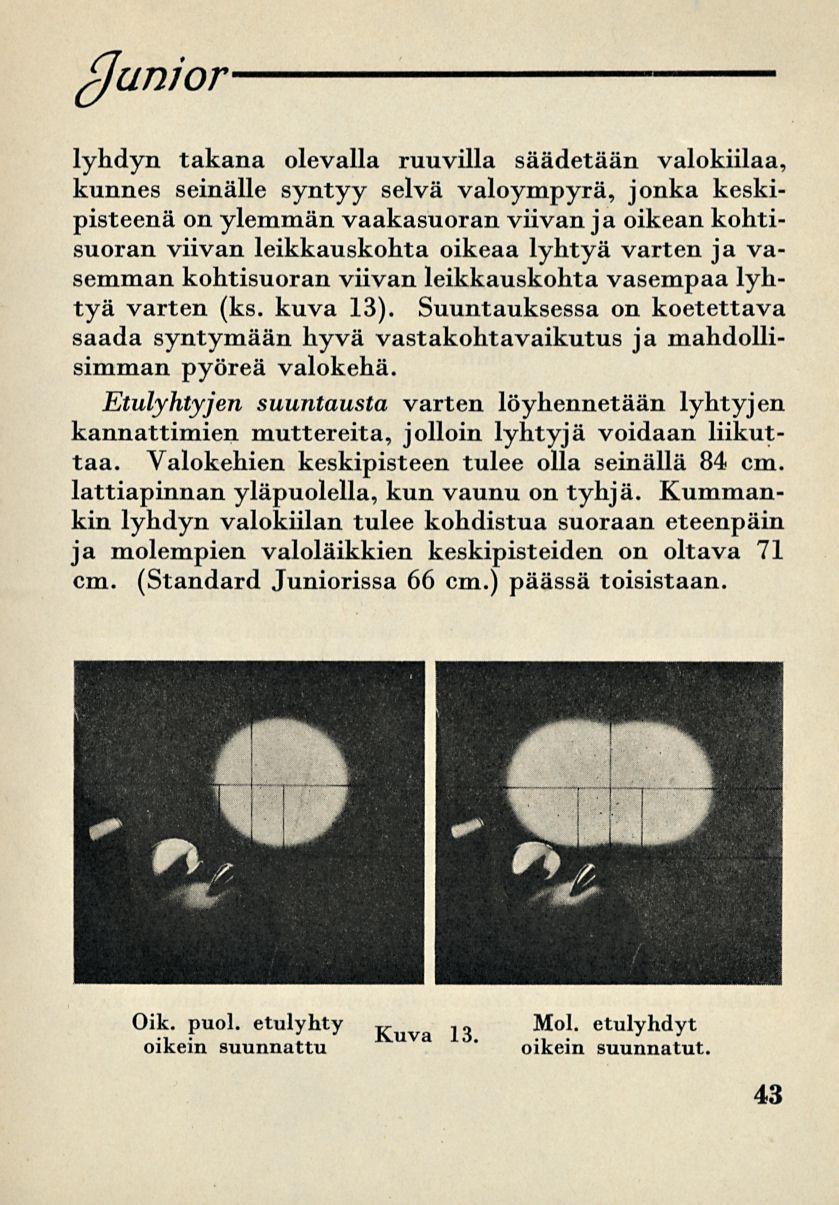 (junior lyhdyn takana olevalla ruuvilla säädetään valokiilaa, kunnes seinälle syntyy selvä valoympyrä, jonka keskipisteenä on ylemmän vaakasuoran viivan ja oikean kohtisuoran viivan leikkauskohta