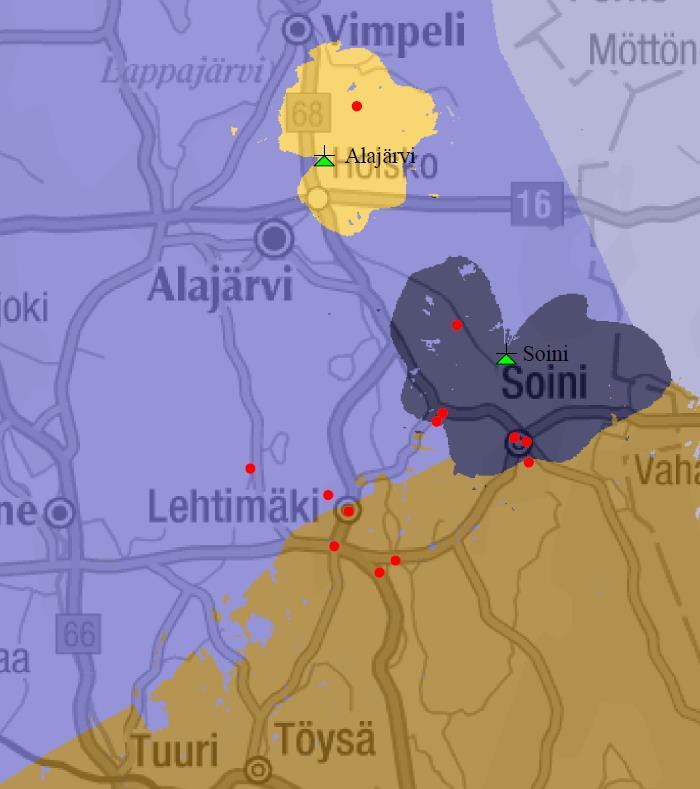 Mittaukset, Lehtimäki / Soini alue Palautteiden perusteella tehdyissä mittauksissa voimakkain signaali saatiin vastaanotettua Lapuan, Ähtärin, Soinin tai Alajärven asemalta Kanavanippujen näkyvyys A