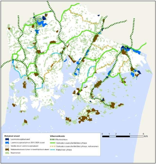 Kuva X. Metsäverkoston kytkeytyminen ja ekologisten yhteyksien verkosto.