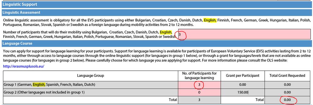 Esimerkki: 3 Isoon-Britanniaan lähtevää vapaaehtoista - Linguistic Assessment: merkitään vapaaehtoisten määrä tähän myönnettävien