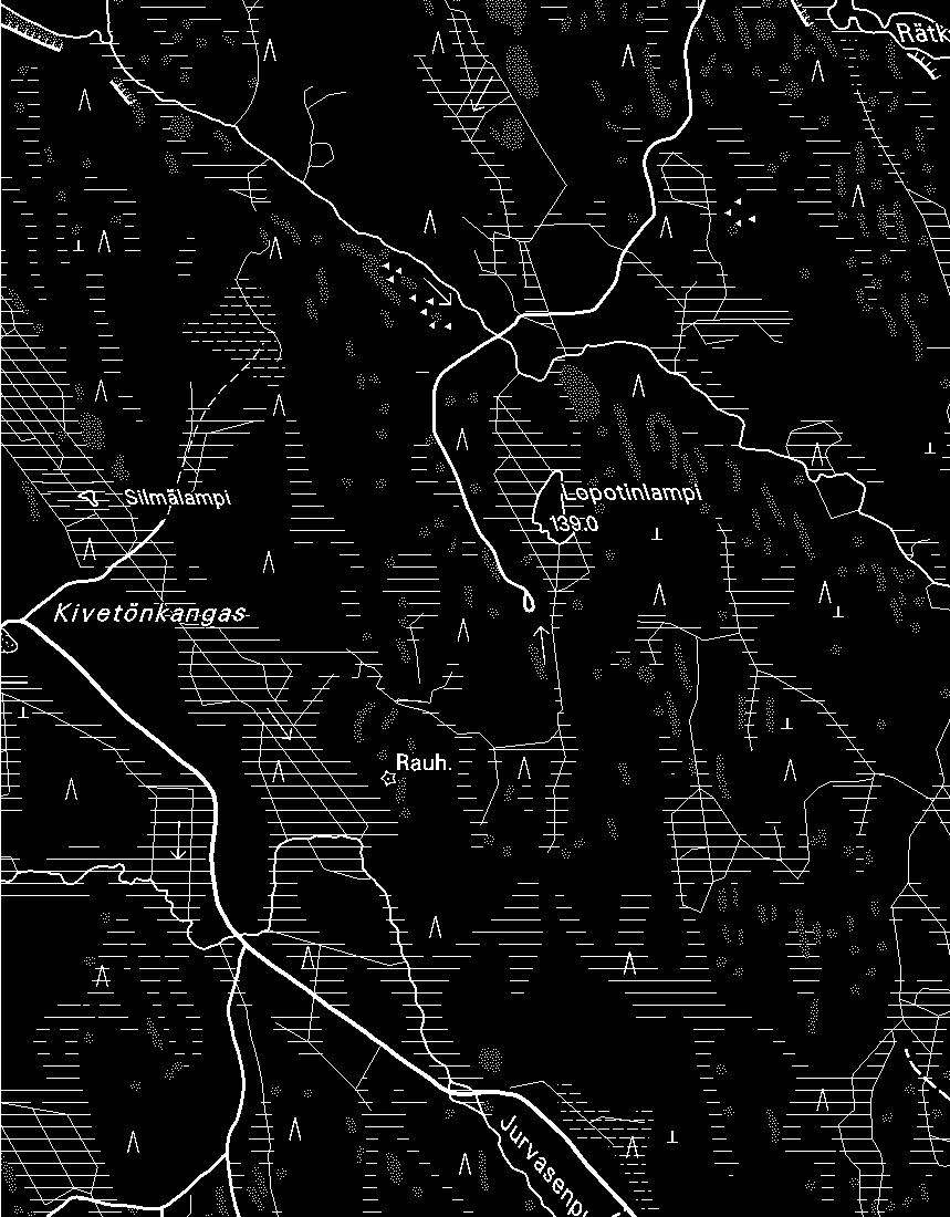 viettää kaakkoon noin 5 m/km. Vedet laskevat ojia pitkin Jurvasenpuroon, joka laskee edelleen kaakkoon kohti Kärenjärveä. Tutkimuspisteistä 67 % on rämeellä, loput ovat avosuolla ja korvessa.