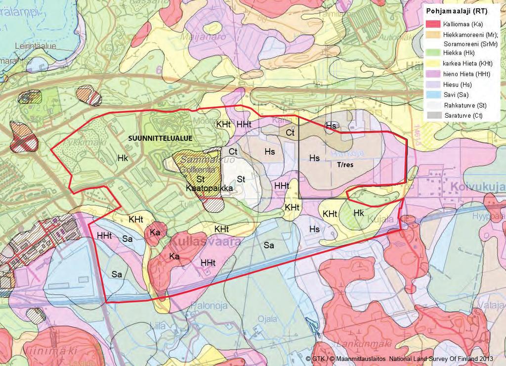 Pohjatutkimuksista on julkaistu erillinen rapor (liite 2.4). Suunni elualueen maaperäolosuhteiden kar a on esite y kuvassa 23.