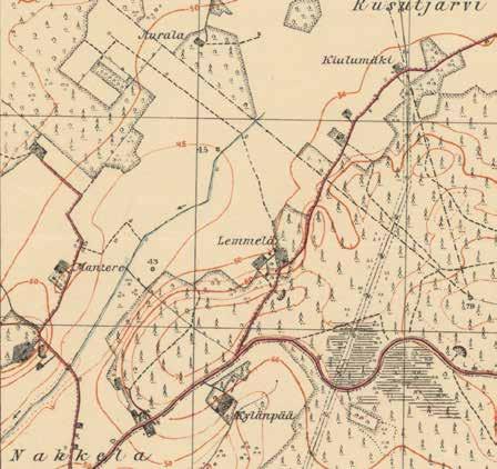 Nahkelan kylä peltoaukeineen vuoden 1928 topografikartalla.