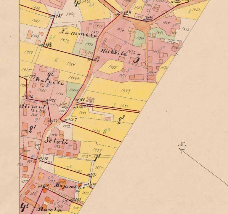 Ote Nahkelan isojaonjärjestelykartan tiiviistä kyläalueesta 1900.
