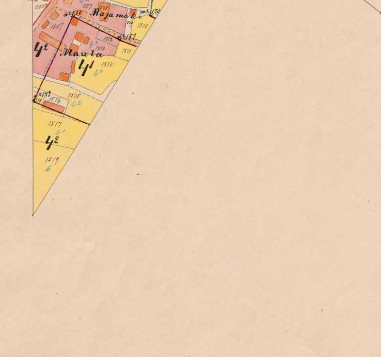 Ote Nahkelan isojaonjärjestelykartan tiiviistä kyläalueesta 1900.