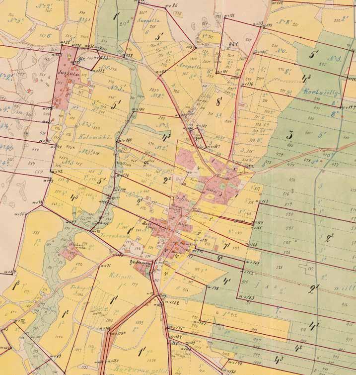 Ote Nahkelan isojaonjärjestelykartan tiiviistä kyläalueesta 1900, jolloin Marttila on vielä alkuperäisellä