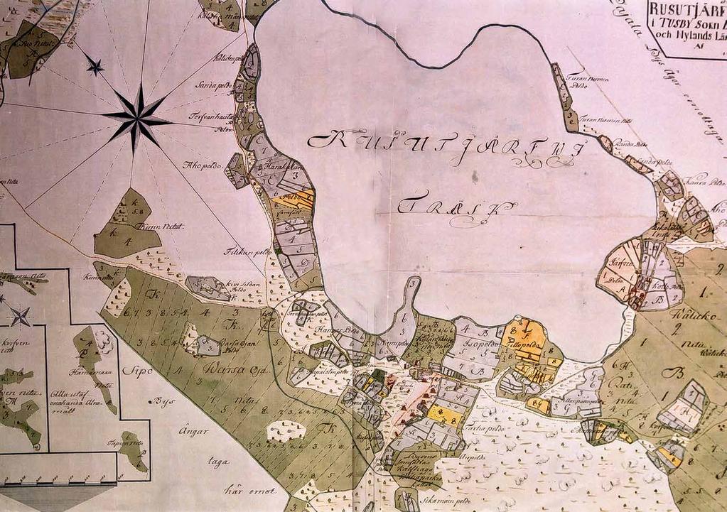 Rusutjärven isojakokartta vuodelta 1764, jonka on laatinut Nils Westermark.