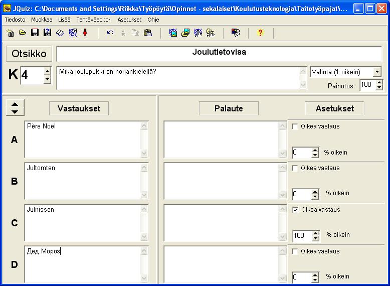 4 Kuva 3. JMix-tehtäväni. 2.2 JQuiz JQuiz-ohjelmalla voi tehdä tietovisoja. Harjoitustehtävässäni tein jouluaiheisen tietovisan, jossa oppilas valitsee annetuista vaihtoehdoista oikean.