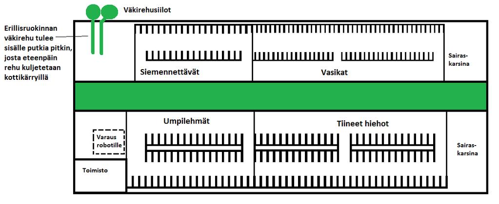 Jokaisessa karsinassa eläimet pääsivät ympäri, eikä peränurkkia ollut. Karsinoita on enemmän kuin kuvassa näkyy. Vesialtaat sijaitsivat joka toisessa karsinan väliaidassa. Kuva 6.