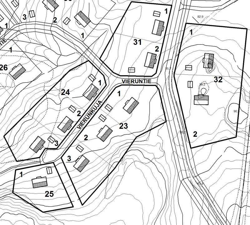 Korttelit 23, 24, 25, 31, 32 Asuinrakennus sijoitetaan likimain havainnekuvan osoittamalle etäisyydelle kadunpuoleisesta rakennuspaikan rajasta. Kortteissa 32 sijoitus on vapaa.