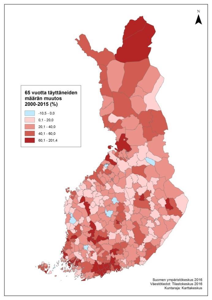 Kuva 2. Ikääntyneiden määrän suhteellinen muutos 2000 2015 kunnittain (VTJ/VRK 2015, YKR / SYKE & TK 2016).