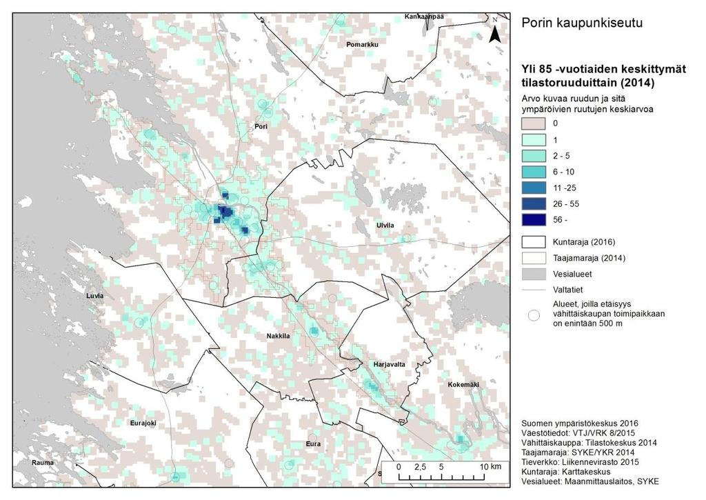 Kuva 13. Yli 85-vuotiaiden määrä Porin kaupunkiseudulla tilastoruuduittain 2014. Pelkkä lukumäärätieto ei kuitenkaan kerro, onko alueella paljon vai vähän ikääntyneitä suhteessa muuhun väestöön.