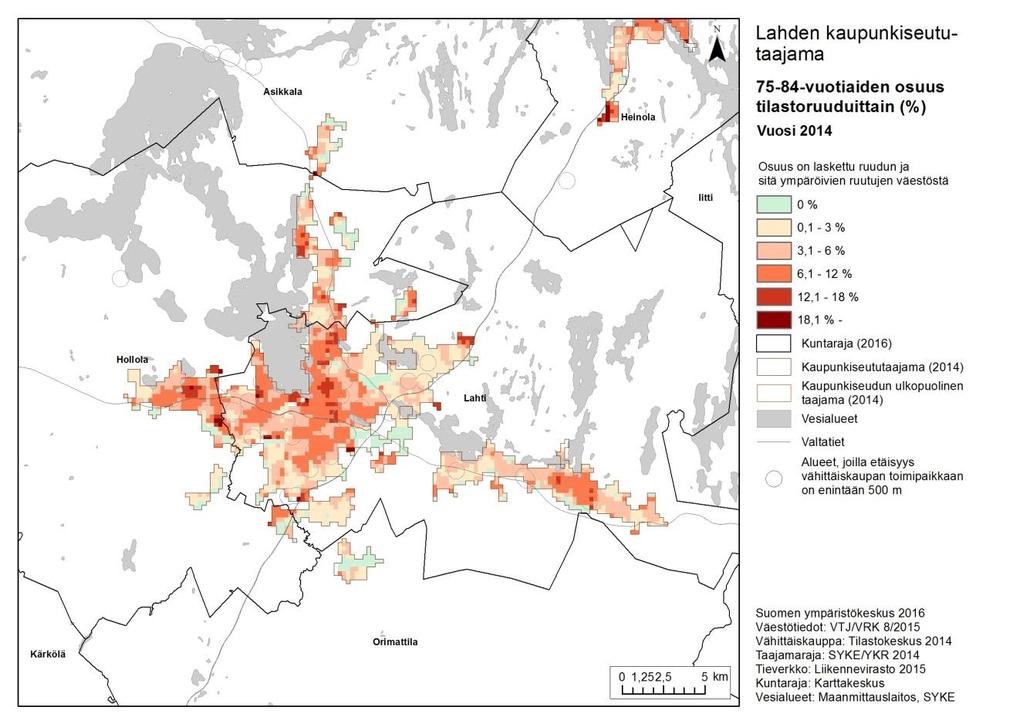 Kuva 14. 65 74-vuotiaiden osuus Lahden kaupunkiseudulla tilastoruuduittain 2014. Kuva 15.