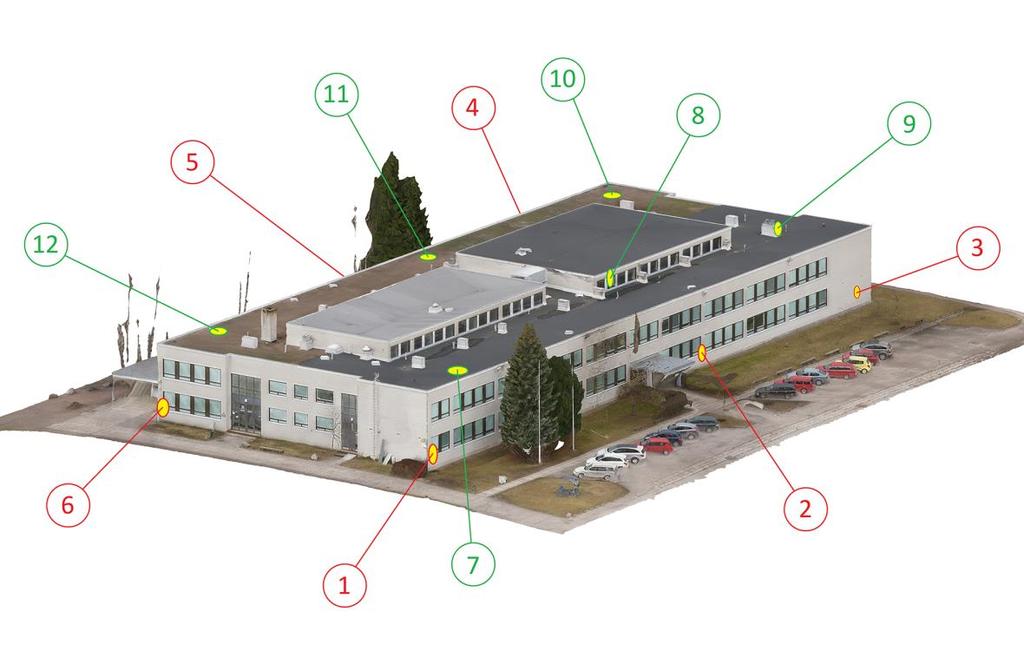 15 Kuva 7. Signaalipisteet seinillä (1 6) sekä vesikatolla (7 12). Pohjakuva: Autodesk Memento.