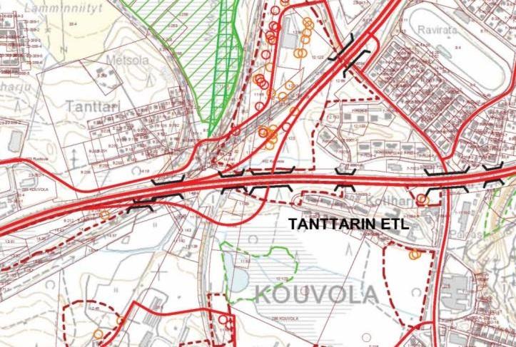 Tanttarin etl ja katuverkko: vaihtoehdot 1b ja 1c Vaihtoehdot ovat rakennuskustannuksiltaan kalliimpia.