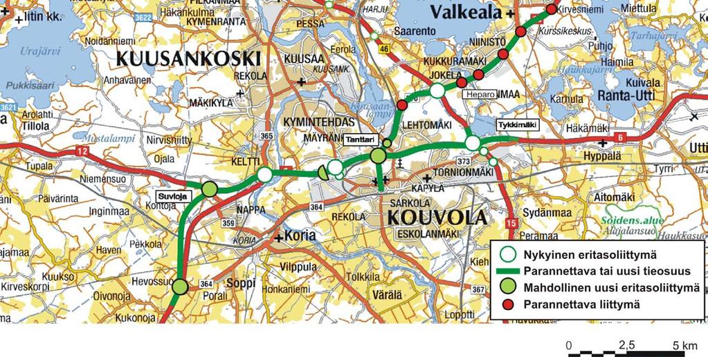 Valtatien 6 tavoitetila pitkällä tähtäimellä Korian kohta (Hevossuo Suvioja) Keskikaiteellinen (2+1 kaistaa) valtatie, 100 km/h, osittain uusi tielinja Pääliittymät eritasoliittymiä, vt 6 ja 12