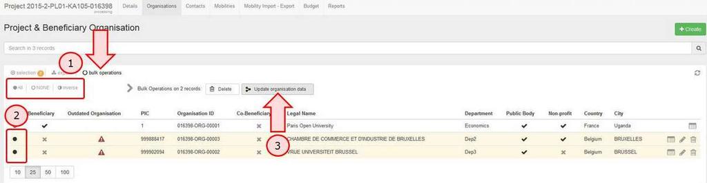 Päivitä organisaatioiden tiedot (3 Voit käyttää bulk operations -toimintoa