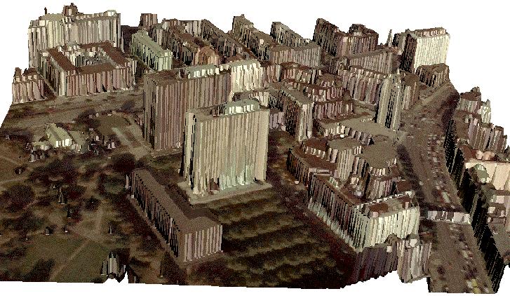 Rakennuksia sisältävä 3-D kaupunkimalli. Korkeusmalli on havaittu 3-D laserskannerilla. Sitä on editoitu tiedoilla rakennusten pohjakuvioista ja kattotyypeistä.