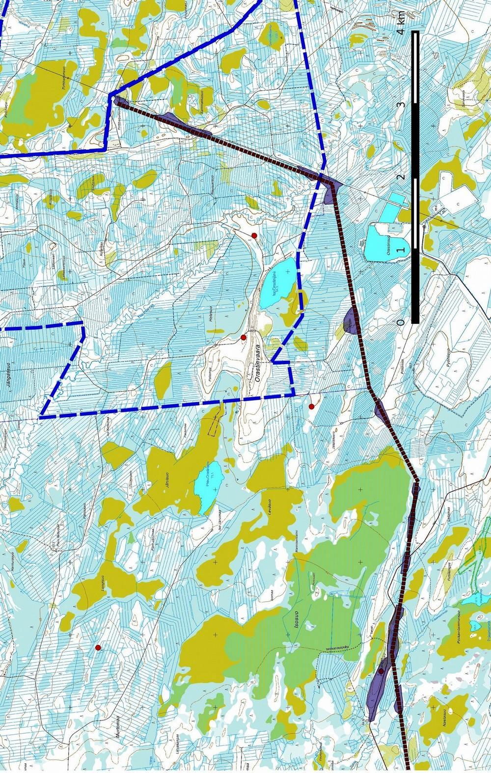 5 Kartta 3 a. Voimalinjan itäosa. Inventoidut alueet (sinisenä).