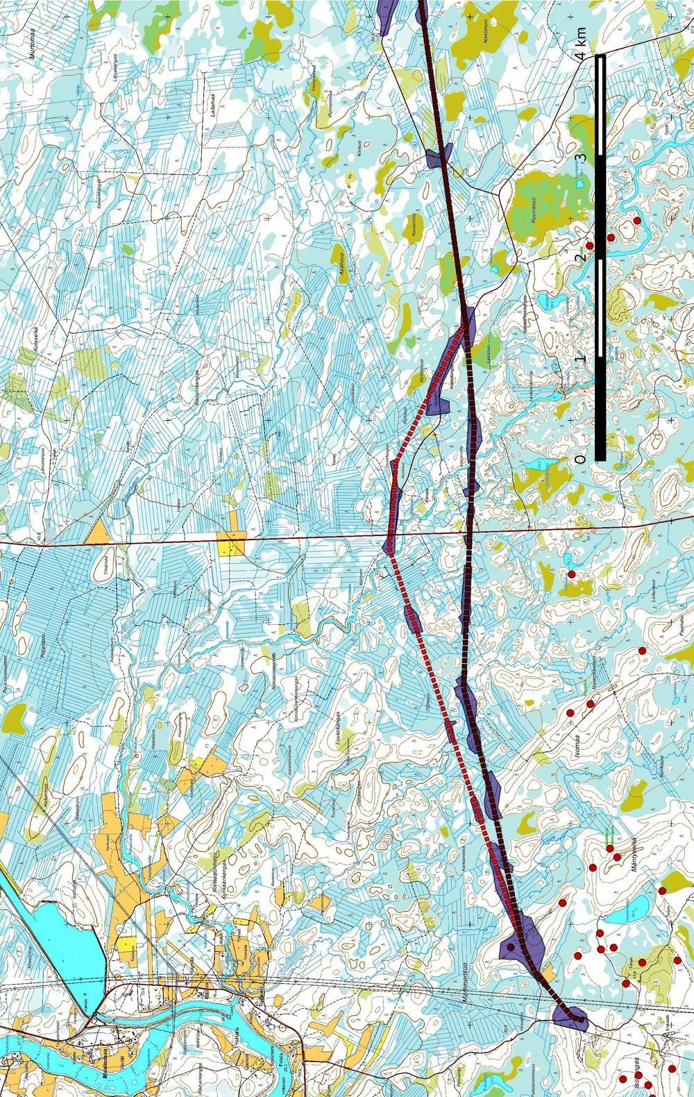 6 Kartta 3 b. Voimalinjan länsiosa. Inventoidut alueet (sinisenä).