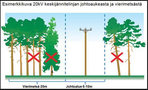 80 % häiriöistä aiheutuu johtoalueen ulkopuolisista puista Esimerkkikuva 20 kv