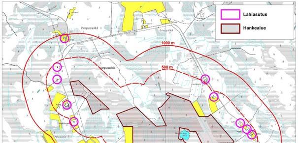 Kuva 6-10. Majava-aavan lähikiinteistöt < 1000 m etäisyydellä hankealueesta. (Pohjakartta (C) Maanmittauslaitos lupanro. 3/