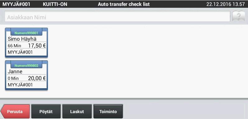 nimilaskun, jatkaa myyntiä ja lopuksi päättää pois käteisellä tai kortilla.