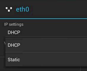 Valitse Automaattinen (DHCP) tai manuaalinen Paina TILA->Järjestelmä->ANDROID ASETUKSET Paina Ethernet Kosketa eth0 ja sitten
