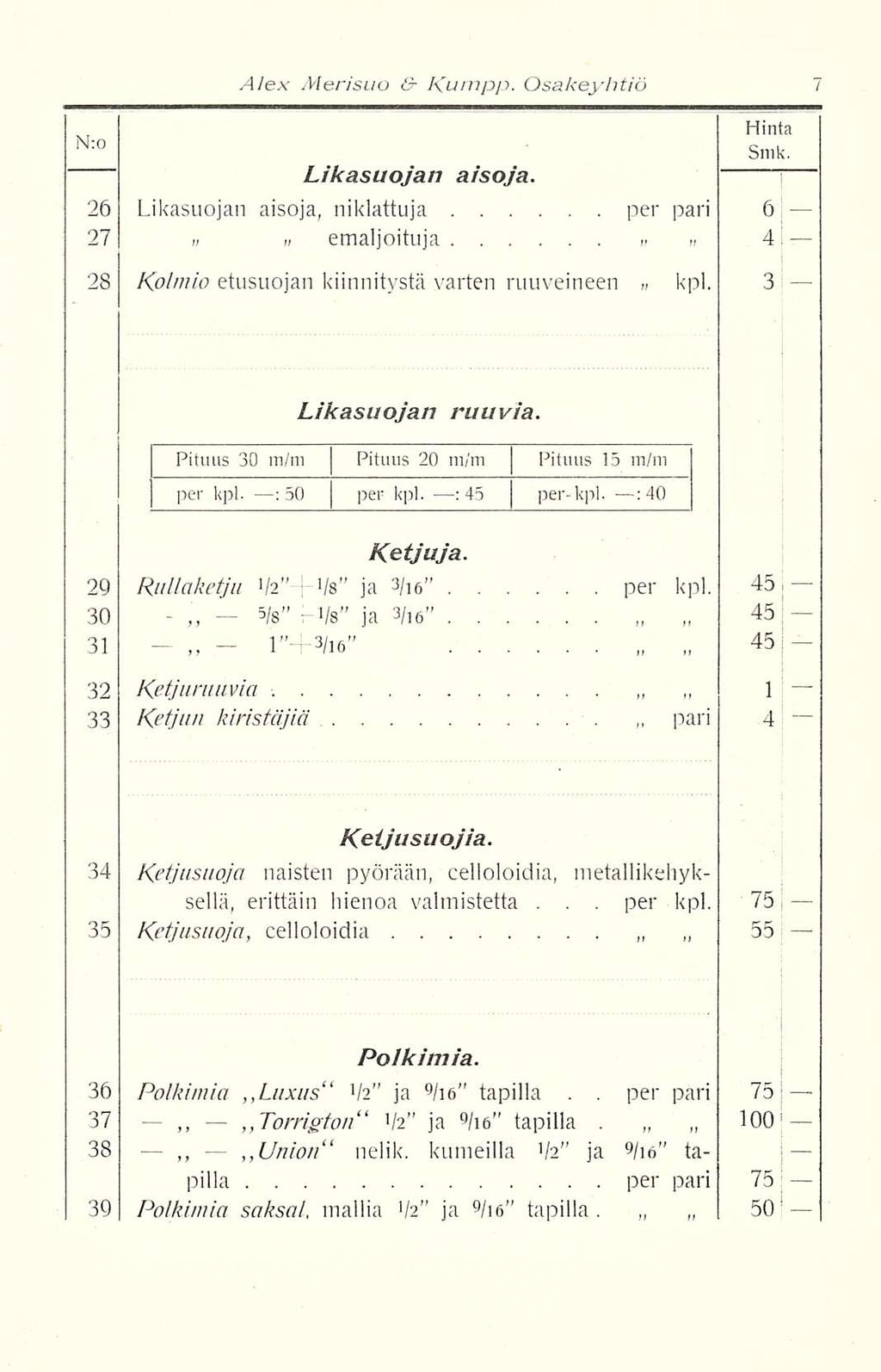 5/s l"f3/i6" Alex Merisuo & Kumpp. Osakeyhtiö N:0 Likasuojan aisoja. Hinta Smk. 26 Likasuojan aisoja, niklattuja per pari 6» 27 emaljoituja 4. 28 Kolmio etusuojan kiinnitystä varten ruuveineen kpl.