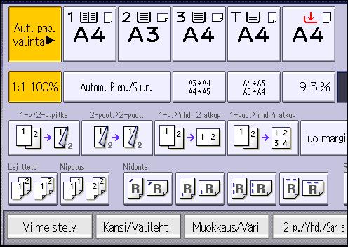 3. Kopiointi 1. Paina [Viimeistely]. 2. Paina [Viimeistelijä]. 3. Valitse [Lajittelu] tai [Kääntävä lajittelu] ja paina sitten [OK]. 4. Anna kopiosarjojen lukumäärä numeronäppäimillä. 5.