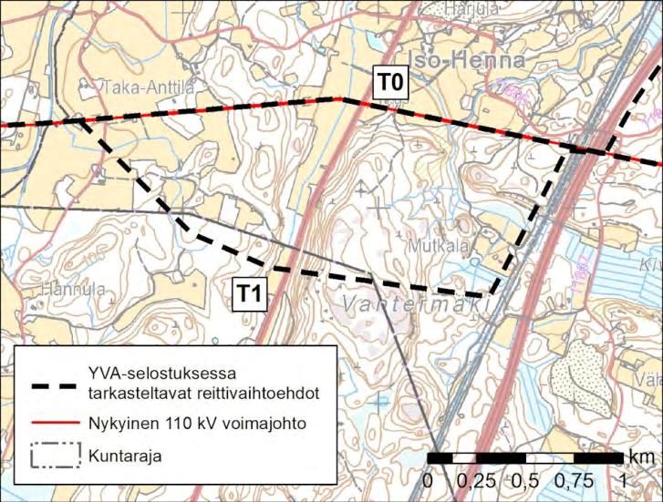28 400 + 110 kv voimajohto Hikiä Orimattila pylväsvälillä, voidaan tarvita poikkeamista nykyisen voimajohdon reitistä tai perusrakenteesta poikkeavia pylväsratkaisuja.