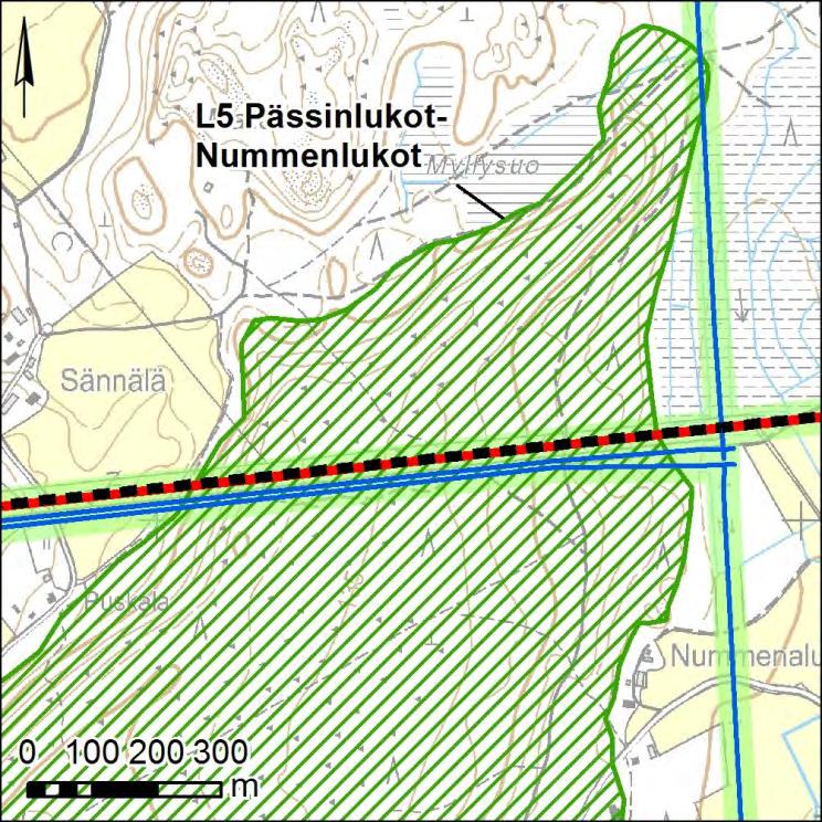 44 400 + 110 kv voimajohto Hikiä Orimattila Hausjärvellä, voimajohtoreitin pohjoispuolella on Haukankallion arvokas kallioalue (L4, KAO040386) noin 800 metrin etäisyydellä voimajohdosta.