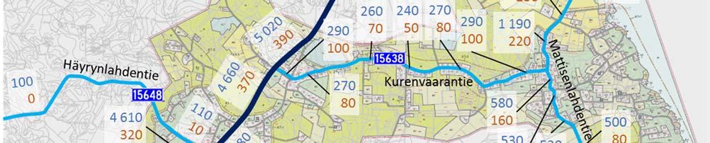 osayleiskaavan vaikutuksesta keskimäärin noin 60 550 ja Ylämyllyntien (mt 15641) keskimäärin noin 30 300